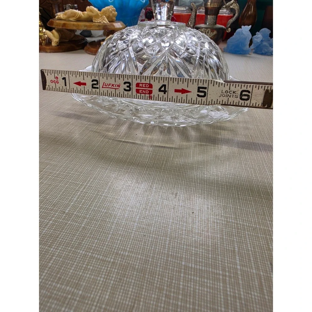 Vintage Clear Pressed Glass Round Butter Dish with Domed Lid Starburst Diamond
